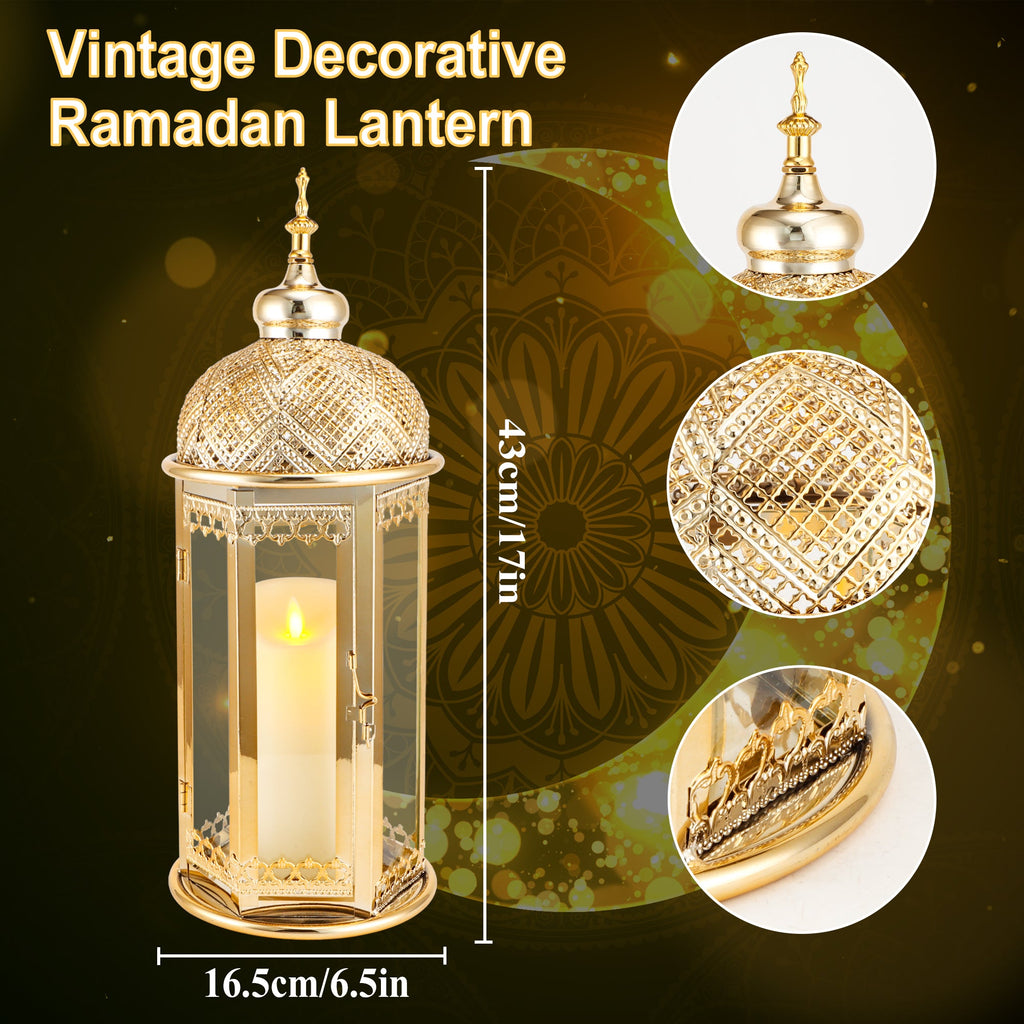Moroccan Candle Lantern 37cm High Gold Candle Holder with Tempered Glass （40pcs）
