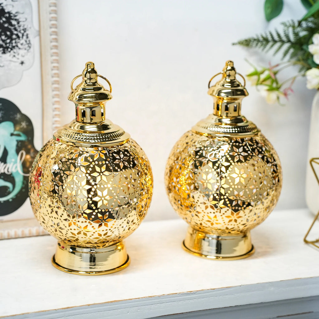 Metal Ramadan Lanterns 10" Gold Electric Candle Holders