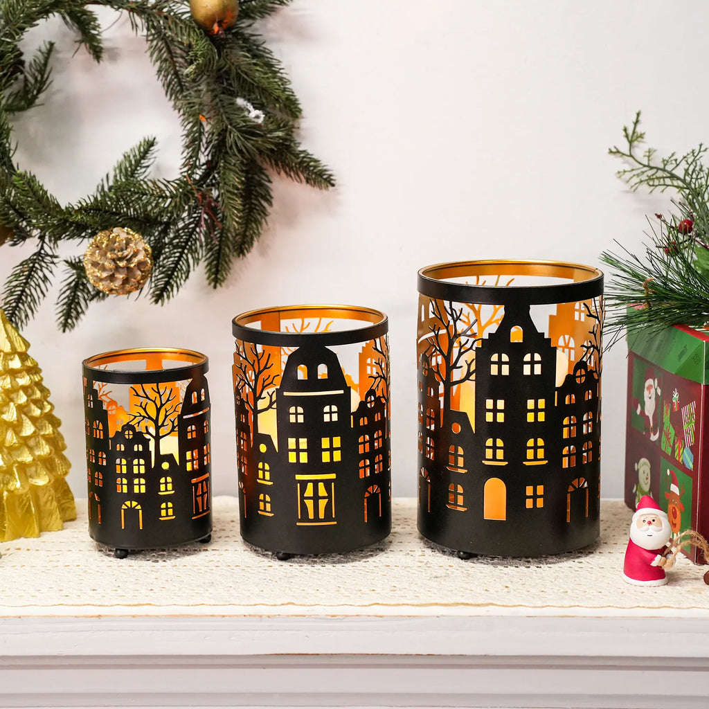 12PCS Village Silhouette Candle Lantern 7.5" H Etched Bronze Metal Candle Holder Decorations for Living Room Tabletop Parties Patio Entryway Indoors Outdoors
