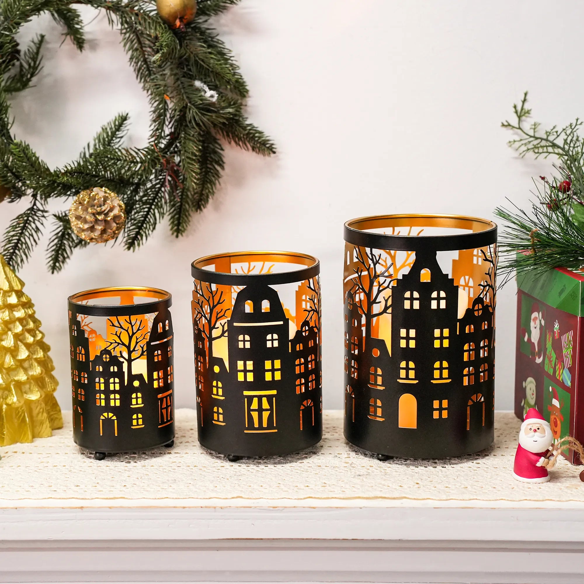 12PCS Village Silhouette Candle Lantern 7.5" H Etched Bronze Metal Candle Holder Decorations for Living Room Tabletop Parties Patio Entryway Indoors Outdoors