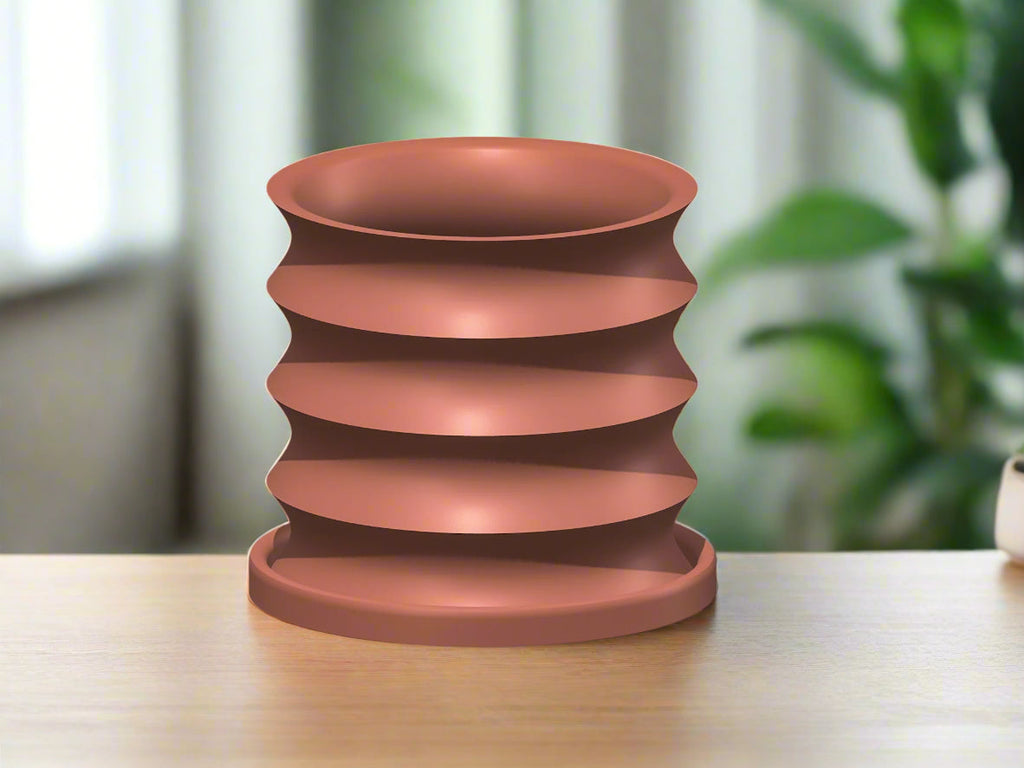 3D Printed Self-Watering Planter with Drainage – Modern Ribbed Indoor Pot