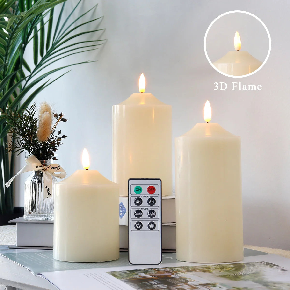 4/5/6inch High 3D Flameless Candles (Set of 3)