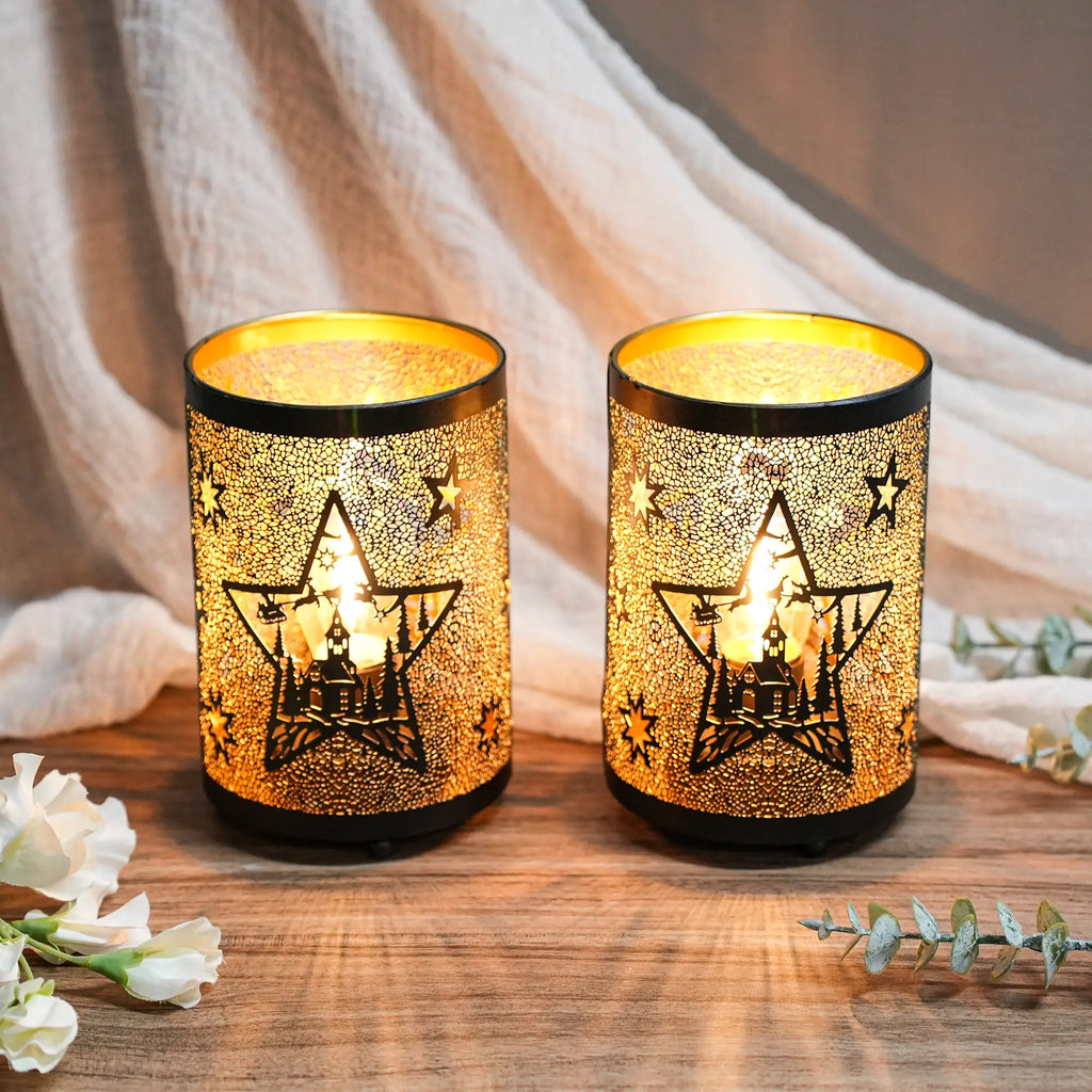 12PCS Etched Star lamp Battery Operated 6.5" H Bronze Metal Table Lamp with 6H Timer Decorations for Living Room Tabletop Parties Patio Entryway Indoors Outdoors