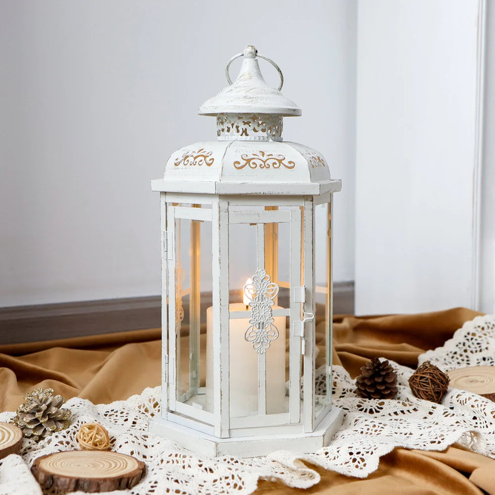 12" H Medium Candle Lantern(White with Gold Brush)